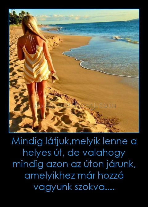 Mindig látjuk,melyik lenne a helyes út, de valahogy mindig azon az úton járunk, amelyikhez már hozzá vagyunk szokva.... Mindig látjuk,melyik lenne a helyes út, de valahogy mindig azon az úton járunk, amelyikhez már hozzá vagyunk szokva....