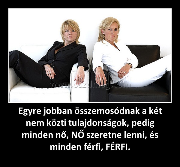 Egyre jobban összemosódnak a két nem közti tulajdonságok, pedig minden nő, NŐ szeretne lenni, és minden férfi, FÉRFI. Egyre jobban összemosódnak a két nem közti tulajdonságok, pedig minden nő, NŐ szeretne lenni, és minden férfi, FÉRFI.