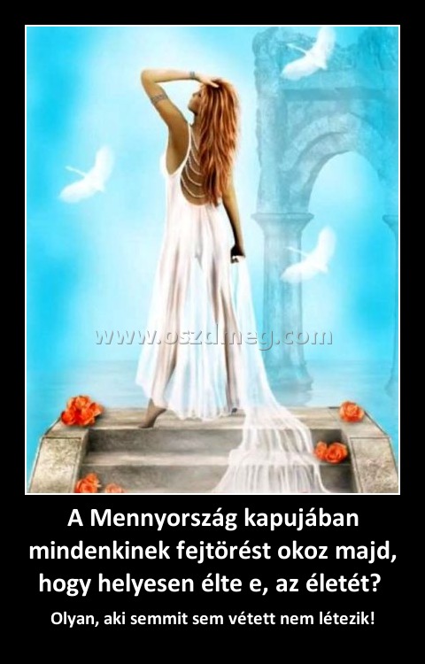 A Mennyország kapujában mindenkinek fejtörést okoz majd, hogy helyesen élte e, az életét? 
 
Olyan, aki semmit sem vétett nem létezik!