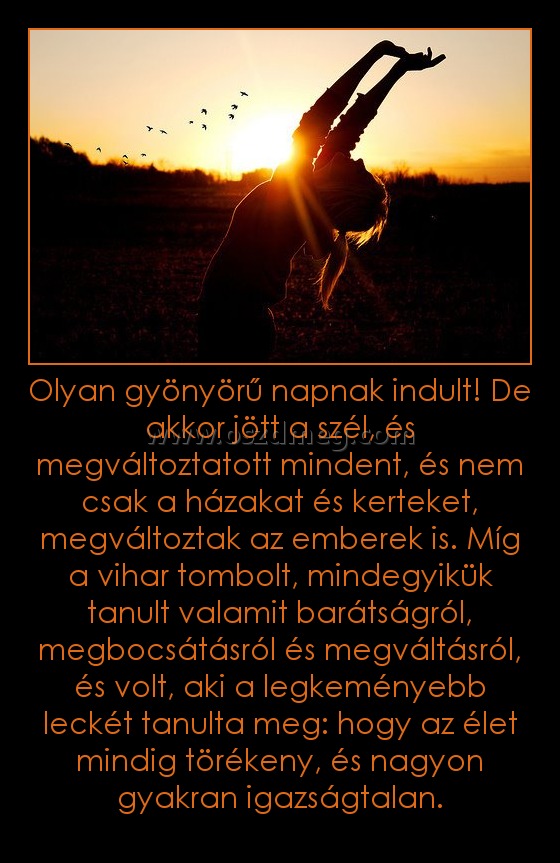 Olyan gyönyörű napnak indult! De akkor jött a szél, és megváltoztatott mindent, és nem csak a házakat és kerteket, megváltoztak az emberek is. Míg a vihar tombolt, mindegyikük tanult valamit barátságról, megbocsátásról és megváltásról, és volt, aki a legk Olyan gyönyörű napnak indult! De akkor jött a szél, és megváltoztatott mindent, és nem csak a házakat és kerteket, megváltoztak az emberek is. Míg a vihar tombolt, mindegyikük tanult valamit barátságról, megbocsátásról és megváltásról, és volt, aki a legk