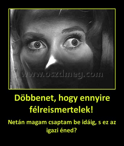Döbbenet, hogy ennyire félreismertelek! Döbbenet, hogy ennyire félreismertelek!
Netán magam csaptam be idáig, s ez az igazi éned?