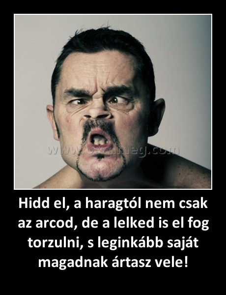Hidd el, a haragtól nem csak az arcod, de a lelked is el fog torzulni, s leginkább saját magadnak ártasz vele! Hidd el, a haragtól nem csak az arcod, de a lelked is el fog torzulni, s leginkább saját magadnak ártasz vele!