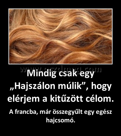 Mindig csak egy „Hajszálon múlik”, hogy elérjem a kitűzött célom. Mindig csak egy „Hajszálon múlik”, hogy elérjem a kitűzött célom.
A francba, már összegyűlt egy egész hajcsomó.
