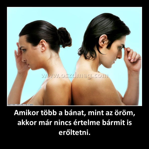 Amikor több a bánat, mint az öröm, akkor már nincs értelme bármit is erőltetni. Amikor több a bánat, mint az öröm, akkor már nincs értelme bármit is erőltetni.