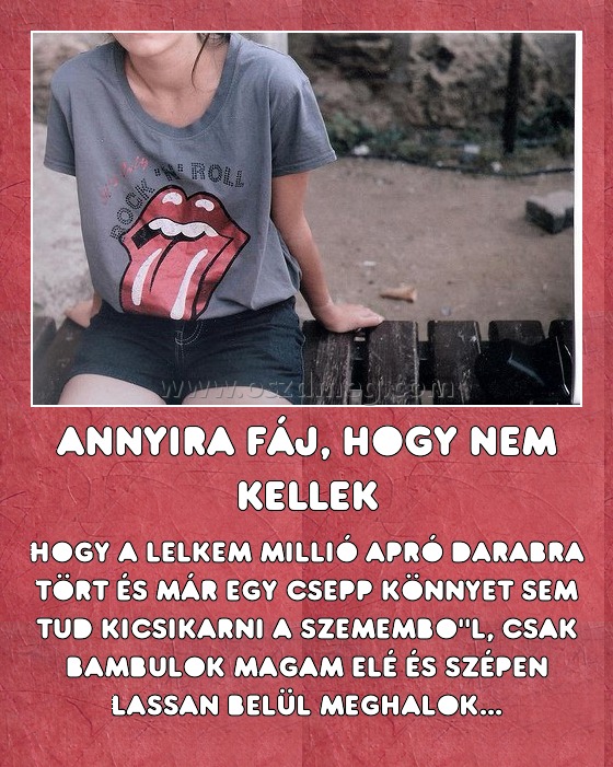 Annyira fáj, hogy nem kellek Annyira fáj, hogy nem kellek
hogy a lelkem millió apró darabra tört és már egy csepp könnyet sem tud kicsikarni a szemembo