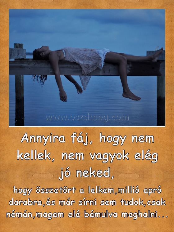 Annyira fáj, hogy nem kellek, nem vagyok elég jó neked, Annyira fáj, hogy nem kellek, nem vagyok elég jó neked,
hogy összetört a lelkem,millió apró darabra,és már sírni sem tudok,csak némán,magam elé bámulva meghalni...