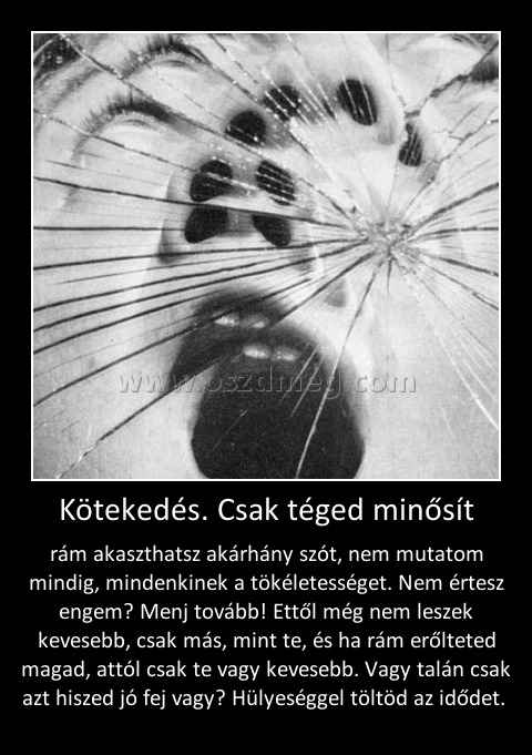 Kötekedés. Csak téged minősít Kötekedés. Csak téged minősít
rám akaszthatsz akárhány szót, nem mutatom mindig, mindenkinek a tökéletességet. Nem értesz engem? Menj tovább! Ettől még nem leszek kevesebb, csak más, mint te, és ha rám erőlteted magad, attól csak te vagy kevesebb. Vagy talán csak azt hiszed jó fej vagy? Hülyeséggel töltöd az idődet.