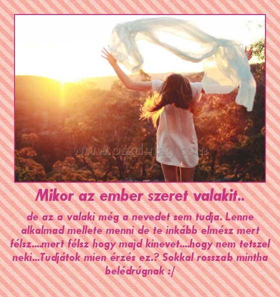 Mikor az ember szeret valakit.. Mikor az ember szeret valakit..
de az a valaki még a nevedet sem tudja. Lenne alkalmad mellete menni de te inkább elmész mert félsz....mert félsz hogy majd kinevet....hogy nem tetszel neki...Tudjátok mien érzés ez.? Sokkal rosszab mintha belédrúgnak :/