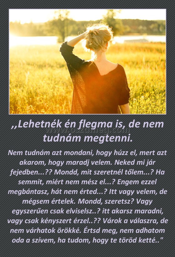 ,,Lehetnék én flegma is, de nem tudnám megtenni. ,,Lehetnék én flegma is, de nem tudnám megtenni.
Nem tudnám azt mondani, hogy húzz el, mert azt akarom, hogy maradj velem. Neked mi jár fejedben...?? Mondd, mit szeretnél tőlem...? Ha semmit, miért nem mész el...? Engem ezzel megbántasz, hát nem érted...? Itt vagy velem, de mégsem értelek. Mondd, szeretsz? Vagy egyszerűen csak elviselsz..? itt akarsz maradni, vagy csak kényszert érzel..?? Várok a válaszra, de nem várhatok örökké. Értsd meg, nem adhatom oda a szívem, ha tudom, hogy te töröd ketté..