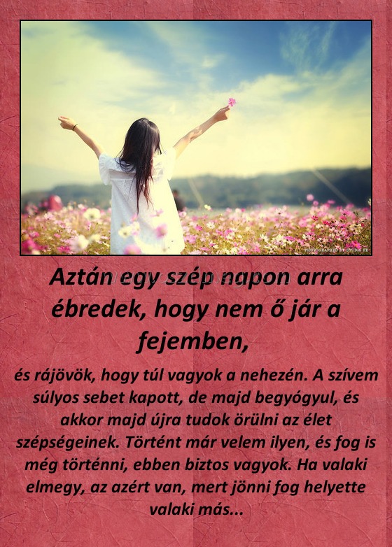 Aztán egy szép napon arra ébredek, hogy nem ő jár a fejemben, Aztán egy szép napon arra ébredek, hogy nem ő jár a fejemben,
és rájövök, hogy túl vagyok a nehezén. A szívem súlyos sebet kapott, de majd begyógyul, és akkor majd újra tudok örülni az élet szépségeinek. Történt már velem ilyen, és fog is még történni, ebben biztos vagyok. Ha valaki elmegy, az azért van, mert jönni fog helyette valaki más...