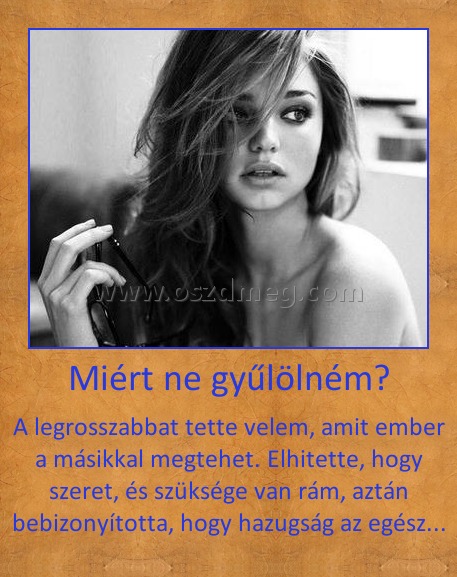 Miért ne gyűlölném? Miért ne gyűlölném?
A legrosszabbat tette velem, amit ember a másikkal megtehet. Elhitette, hogy szeret, és szüksége van rám, aztán bebizonyította, hogy hazugság az egész...