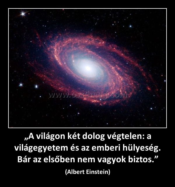 „A világon két dolog végtelen: a világegyetem és az emberi hülyeség. Bár az elsőben nem vagyok biztos.” „A világon két dolog végtelen: a világegyetem és az emberi hülyeség. Bár az elsőben nem vagyok biztos.”
(Albert Einstein)
