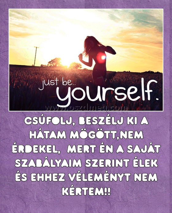 Csúfolj, Beszélj ki a hátam mögött,nem érdekel, mert én a saját szabályaim szerint élek és ehhez véleményt nem kértem!! Csúfolj, Beszélj ki a hátam mögött,nem érdekel, mert én a saját szabályaim szerint élek és ehhez véleményt nem kértem!!